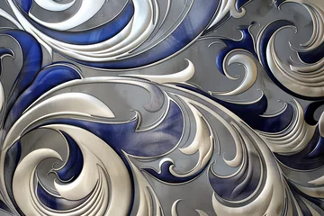 Fotobehang A luxury wallpaper pattern with a swirling design of platinum and sapphire, creating an abstract motif that is both modern and opulent © mila103