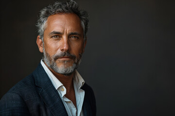 Fototapeta premium A man with a beard and glasses is wearing a blue suit and pink shirt. He is standing in front of a blue wall. a mid age man, gray hair and gray short beard, color suit, sunglasses. Portrait