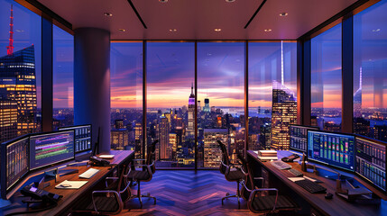 Night Cityscape with Illuminated Skyscrapers, Vibrant Urban Skyline, Aerial View of Manhattan at Dusk - obrazy, fototapety, plakaty