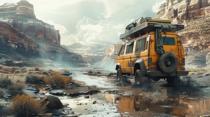 yellow vehicle with automotive tires is crossing a muddy river in the desert under a cloudy sky, with nature surrounding the scene