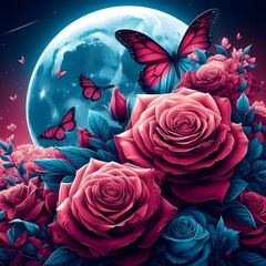 A beautiful illustration of roses with butterflies and the moon.
