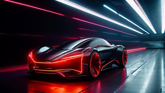 3D rendering of a brand-less generic concept car in a tunnel, A sports car a futuristic autonomous vehicle on a trail, AI Generated