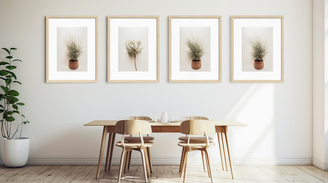 Four framed pictures of potted plants are hanging on a white wall above a wooden dining table. The table is set with four chairs, and a vase is placed on the table. The room has a clean