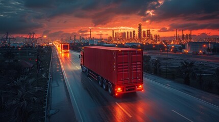 A truck transporting a container to the port with a background of oil and gas industry and petrochemical plants in the distance - obrazy, fototapety, plakaty