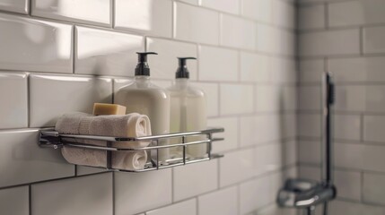 White Penny Tiles Bathroom featuring Chrome Shower Caddy Macro