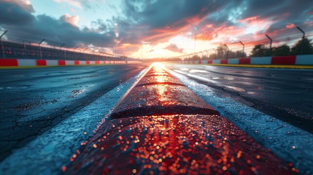 International race track with infinity empty asphalt, digital imaging retouching and montaging background. Evening scene.