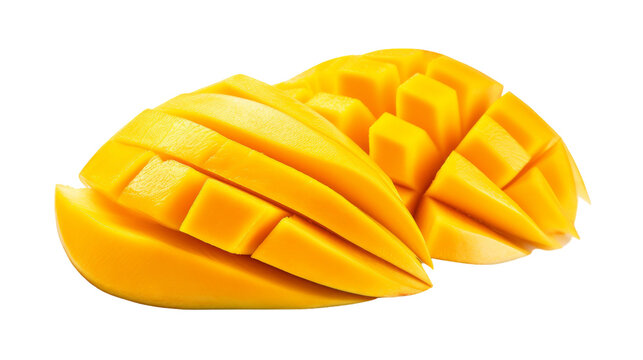 Close-up of juicy mango slices arranged on a pristine white backdrop
