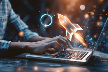 Startup business concept Businessman use laptop with rocket hologram - obrazy, fototapety, plakaty