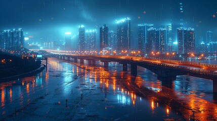 Modern city skyline with highway overpass. Night scene.