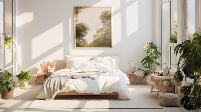 A bedroom with a white bed, a framed picture of trees, and a few potted plants. The room has a clean and minimalist look, with a focus on natural elements