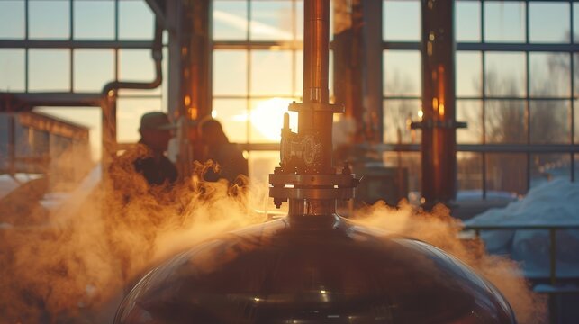 Luxurious whisky distillery  master blenders crafting premium spirits in modern industrial ambiance