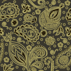 Hand draw seamless pattern with arabic, oriental, indian motiv. Traditional ornament, paisley