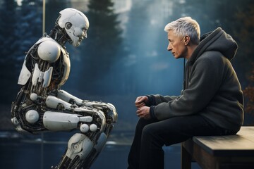 Fototapeta na wymiar Man Sitting on Bench Next to Robot