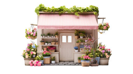 A quaint dollhouse adorned with potted plants and a charming pink awning