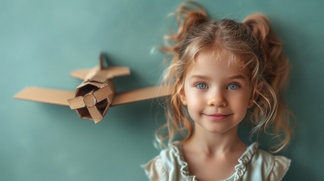 Imaginative childhood concept of a girl playing with a cardboard airplane. White retro style cardboard airplane on mint green background.