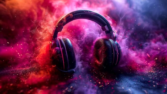 Headphones on animated abstract colorful dust background. Infinity loop 24seconds