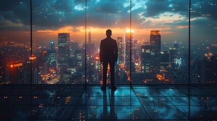 An all-businessman in a suit and cape stands on a rooftop looking over the cityscape and conceiving a business plan for the future. It is nighttime. - obrazy, fototapety, plakaty