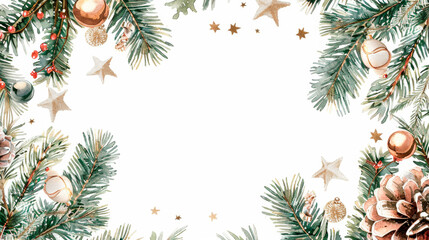 A festive Christmas border featuring pine cones and ornaments in a decorative arrangement. Tree branch frame. Banner. Copy space