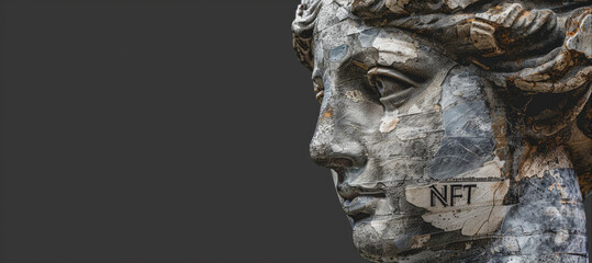 Fototapeta na wymiar Head of ancient statue on grey background, NFT token and crypto art at online digital gallery. Concept of blockchain, non-fungible cryptocurrency, bitcoin