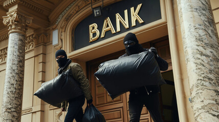 Bank robbery, two robbers in black masks outside building, men with big black bags comes out of doors. Concept of money, thief, crime, burglar, theft.