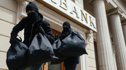 Bank robbery, two robbers in black masks outside building, men with big black bags comes out of doors. Concept of money, thief, crime, burglar, wealth, theft
