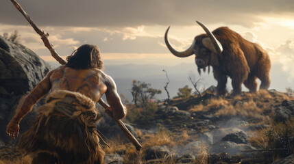 Neanderthal man stands against big woolly buffalo, primitive hunter and animal in prehistoric era. Concept of caveman, ancient people, hunt, Stone Age - obrazy, fototapety, plakaty
