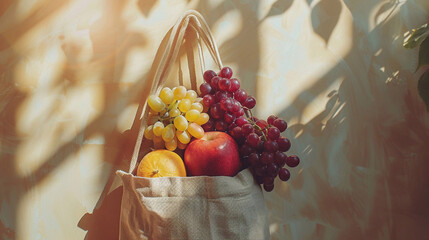  A textile bag full of healthy fresh organic vegetables on the beige color background with sun light and shades.