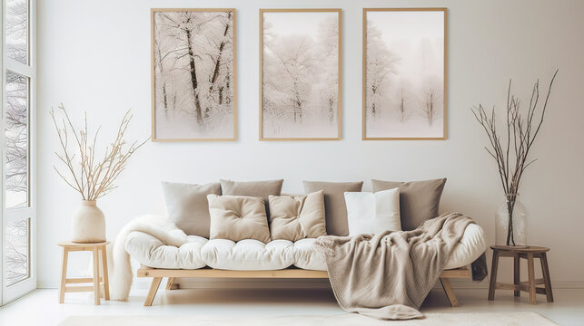 A living room with a white couch and three framed pictures on the wall. The pictures are of trees and the room has a cozy and peaceful atmosphere