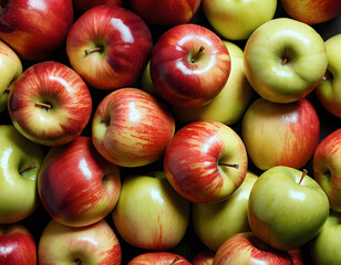 Red and green apples at the market. Background of ripe apples.