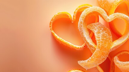 Spiraling orange peels artfully arranged in heart shapes on a warm backdrop
