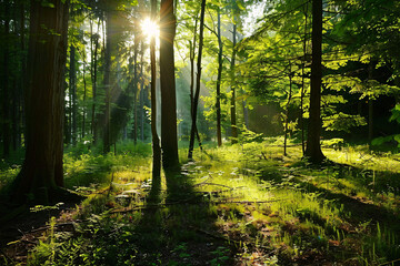 Obraz premium A peaceful moment in a secluded forest glade with sunlight