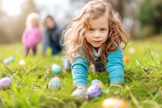 Cute little girl hunting for multicolor eggs in spring garden on Easter day. Traditional outdoor festival. Child celebrating Easter holiday.