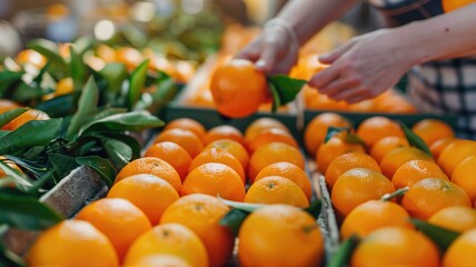 Hand selecting oranges at a vibrant fruit market stall