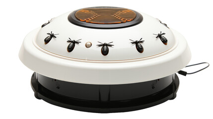 A white and black speaker adorned with bees buzzing around it