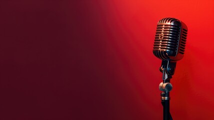 A classic microphone against a vibrant red backdrop, evoking a retro music vibe