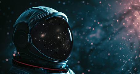 An astronaut helmet against a starry space backdrop, evoking wonder