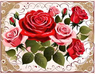 valentine card design with red roses on a white background