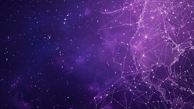 A vibrant digital network graphic representing global connectivity on a starry purple background