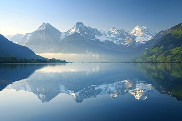 A serene mountain lake reflecting the snow-capped
