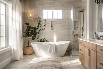Fototapeta na wymiar A spa-like bathroom with a freestanding bathtub rain