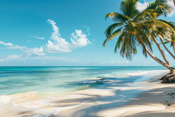 A sun-kissed beach scene with palm trees swaying in the beach