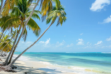Fototapeta na wymiar A sun-kissed beach scene with palm trees swaying in the beach