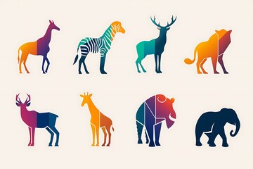 Brand Totems:African Savanna Ensembl, Zebra, Elephant, Giraffe, Rhinoceros, and Lion Models, Gracefully Posed Against a Clean White Background, Reflecting the Majesty of the Wild