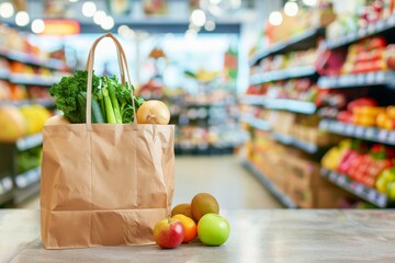 Recyclable shopping bag with fruits and vegetables and supermarket background. Front view. Horizontal and panoramic composition.