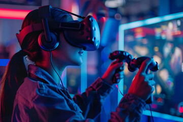 A virtual reality gaming setup with a player wearing a VR glasses