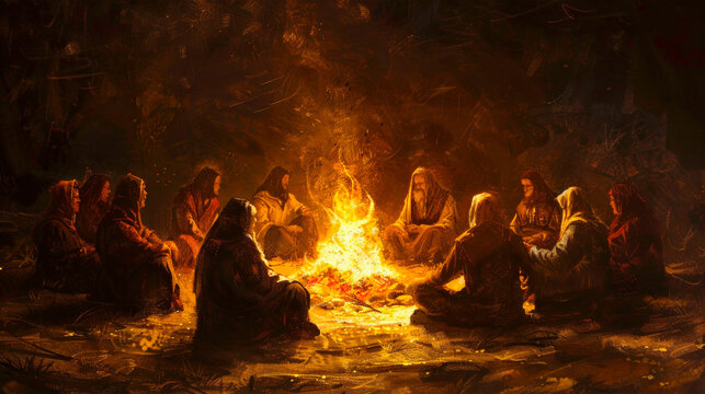 A painting showing a diverse group of individuals gathered around a crackling fire. The group is engaged in conversation, some are laughing while others are listening intently. Banner. Copy space