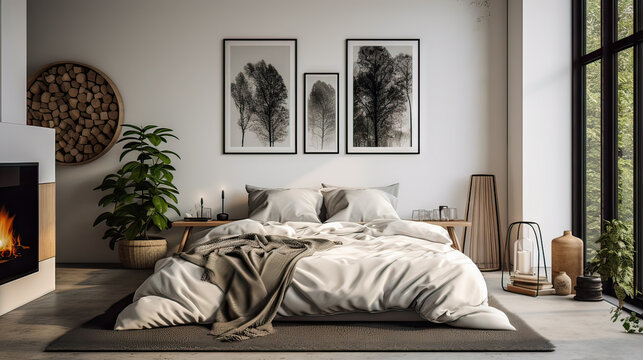 A bedroom with a fireplace, a bed, and a potted plant. The room has a modern and cozy feel, with a black and white photograph of trees on the wall