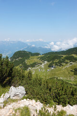 Fototapeta na wymiar The view of Sarsteinalm from the trekking route to Hoher Sarstein mountain, Upper Austria region 
