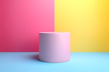 Chic White 3D Cylinder Vector Pedestal in Ultra HD, Highlighting Elegant Pink, Blue, and Yellow Color Scheme