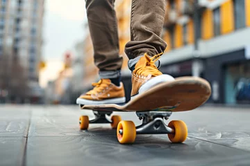 Foto auf Acrylglas Close up on legs and skateboard of man skating in city © Daniel
